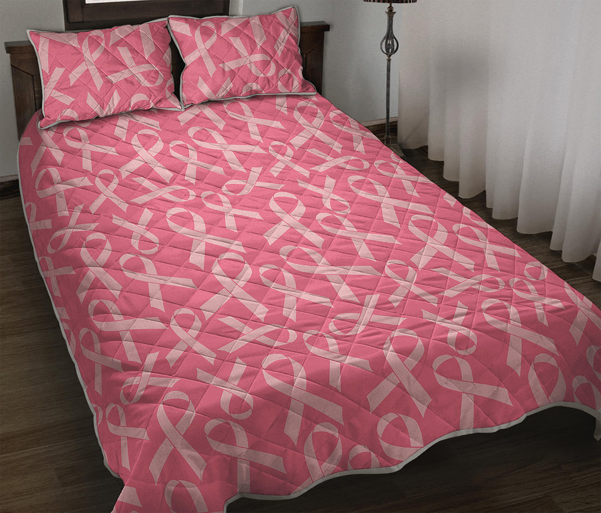 Pink Ribbon Breast Cancer Pattern Print Quilt Bed Set