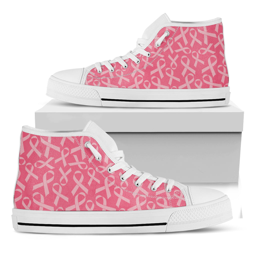 Pink Ribbon Breast Cancer Pattern Print White High Top Shoes