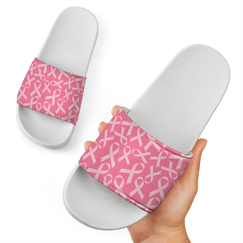 Pink Ribbon Breast Cancer Pattern Print White Slide Sandals