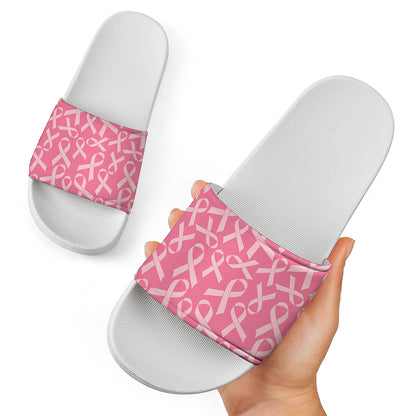 Pink Ribbon Breast Cancer Pattern Print White Slide Sandals