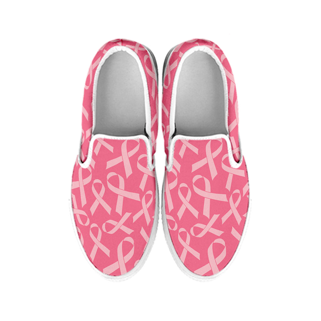 Pink Ribbon Breast Cancer Pattern Print White Slip On Shoes