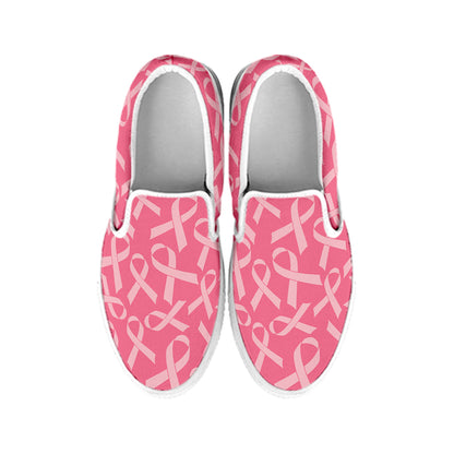 Pink Ribbon Breast Cancer Pattern Print White Slip On Shoes