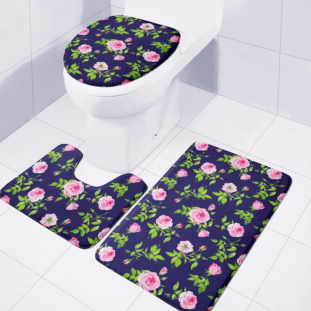 Pink Rose Floral Flower Pattern Print 3 Piece Bath Mat Set