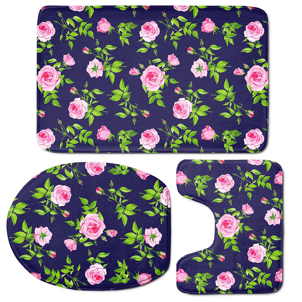 Pink Rose Floral Flower Pattern Print 3 Piece Bath Mat Set