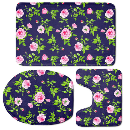 Pink Rose Floral Flower Pattern Print 3 Piece Bath Mat Set