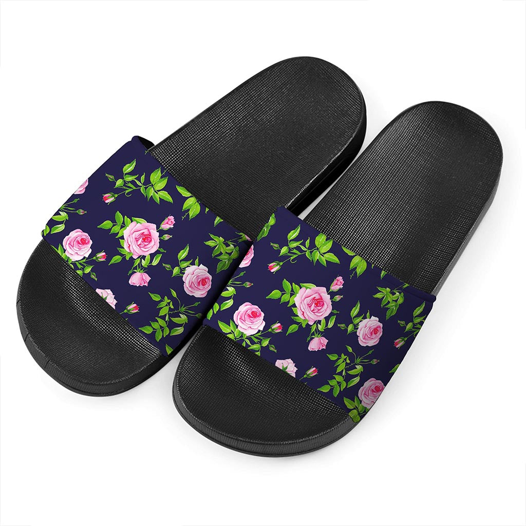 Pink Rose Floral Flower Pattern Print Black Slide Sandals