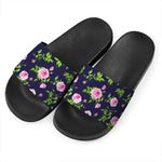 Pink Rose Floral Flower Pattern Print Black Slide Sandals