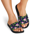 Pink Rose Floral Flower Pattern Print Black Slide Sandals