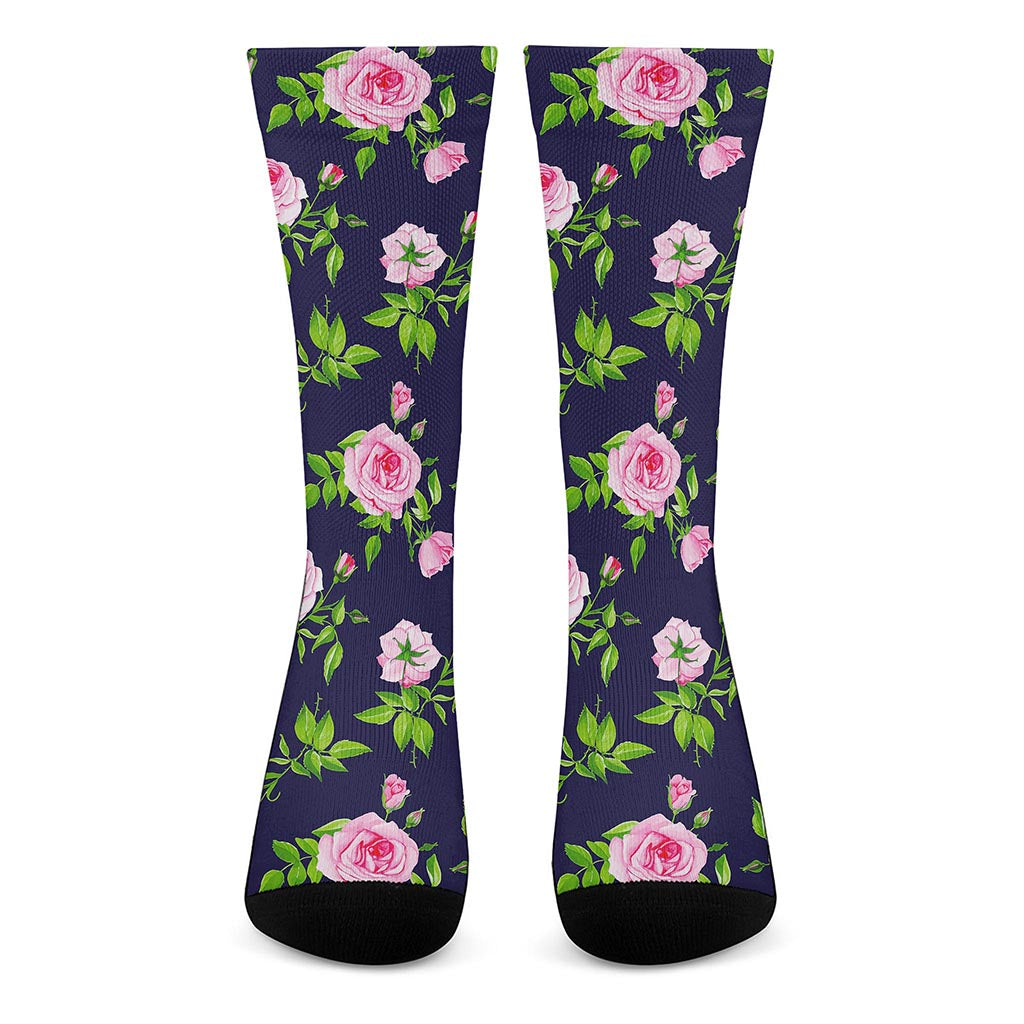 Pink Rose Floral Flower Pattern Print Crew Socks