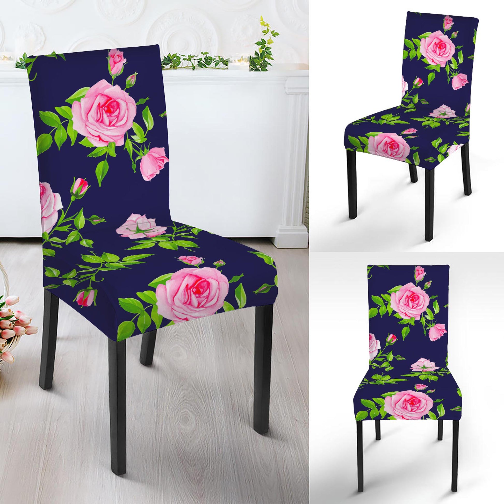 Pink Rose Floral Flower Pattern Print Dining Chair Slipcover