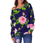 Pink Rose Floral Flower Pattern Print Off Shoulder Sweatshirt GearFrost