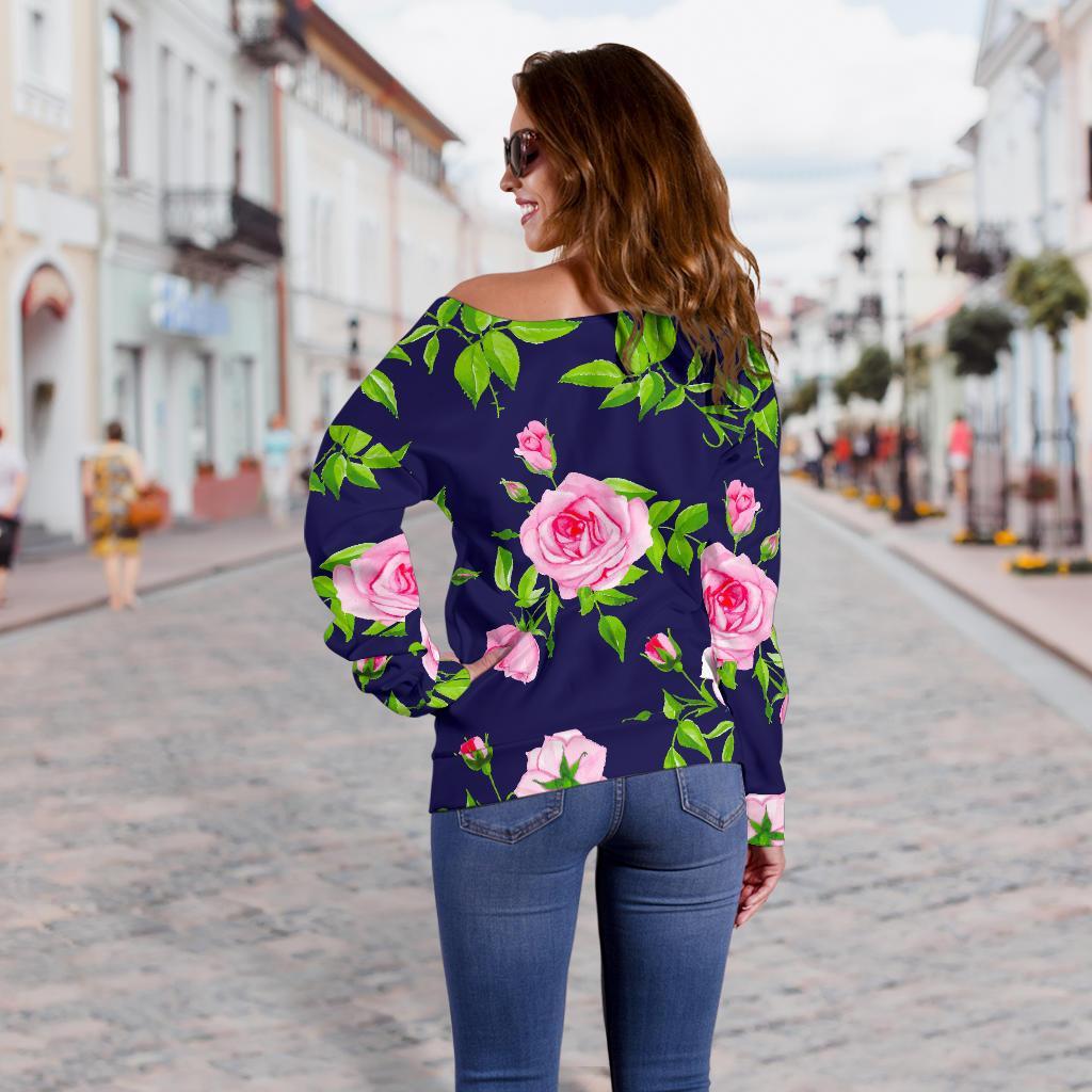 Pink Rose Floral Flower Pattern Print Off Shoulder Sweatshirt GearFrost