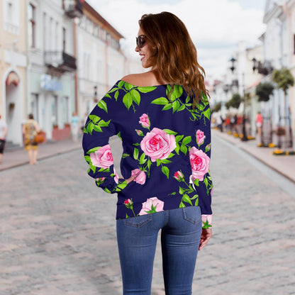 Pink Rose Floral Flower Pattern Print Off Shoulder Sweatshirt GearFrost