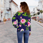 Pink Rose Floral Flower Pattern Print Off Shoulder Sweatshirt GearFrost