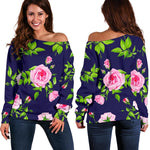 Pink Rose Floral Flower Pattern Print Off Shoulder Sweatshirt GearFrost