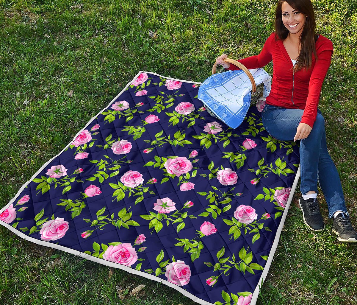 Pink Rose Floral Flower Pattern Print Quilt
