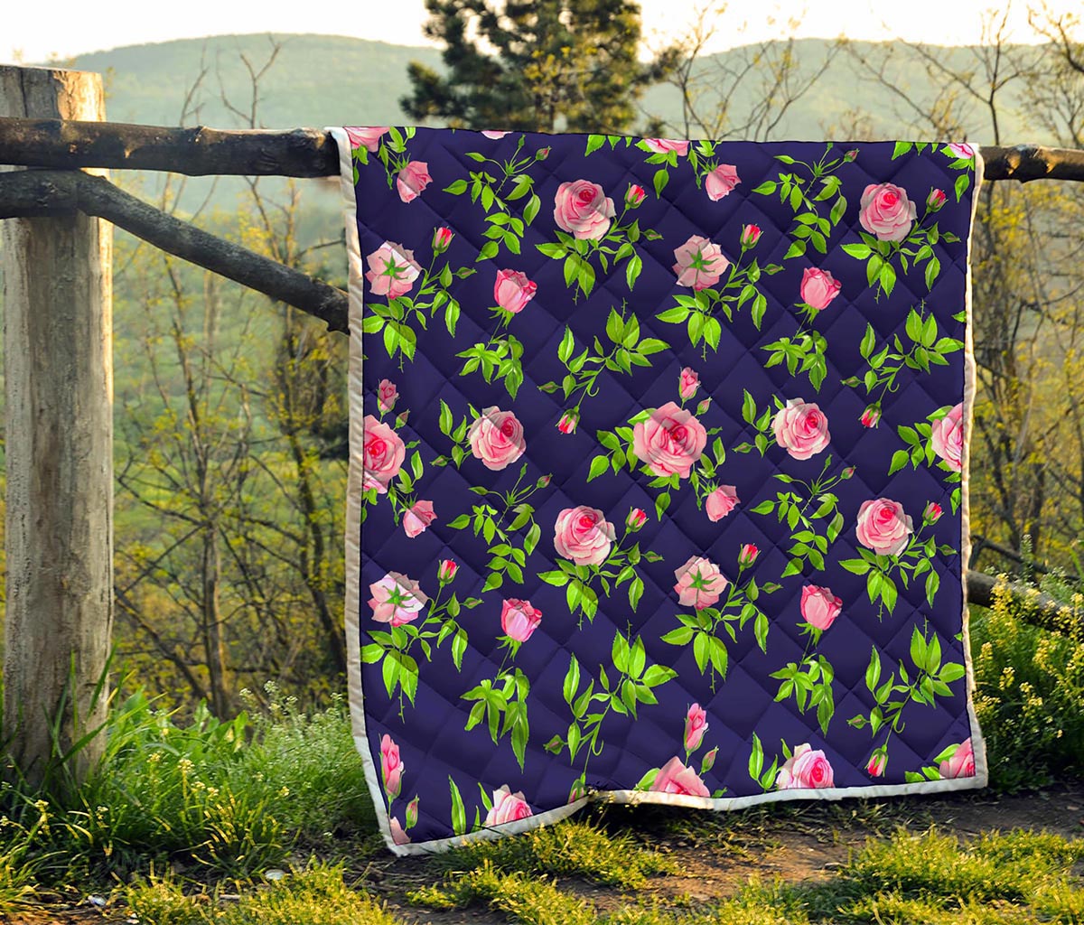 Pink Rose Floral Flower Pattern Print Quilt