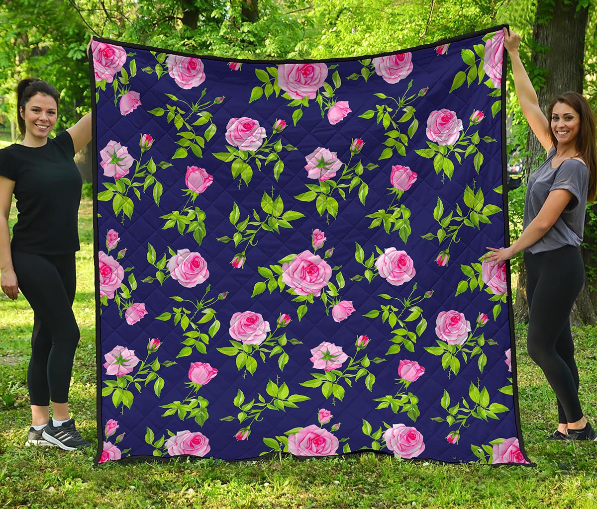 Pink Rose Floral Flower Pattern Print Quilt