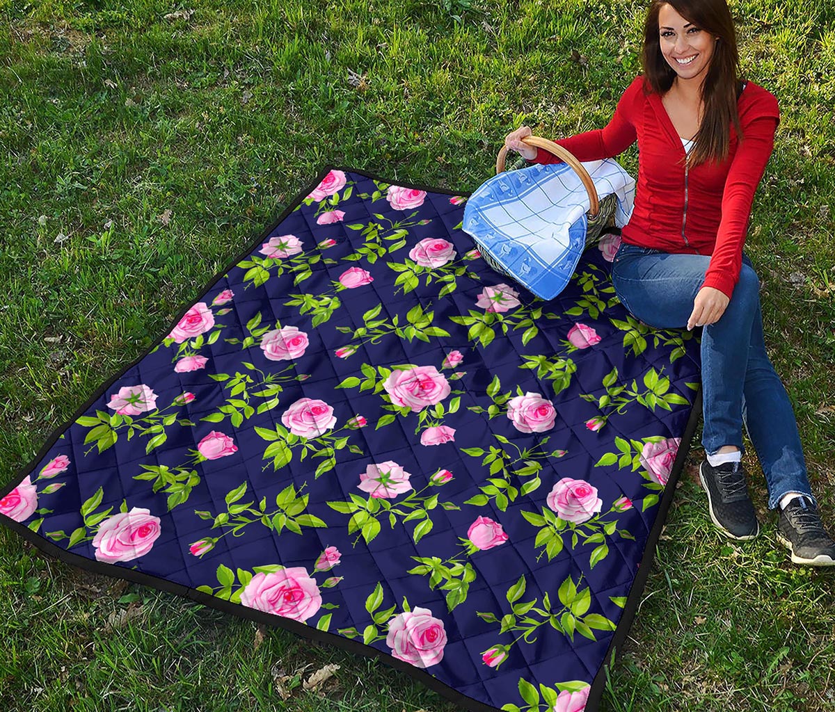 Pink Rose Floral Flower Pattern Print Quilt