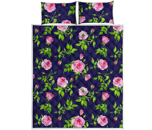 Pink Rose Floral Flower Pattern Print Quilt Bed Set