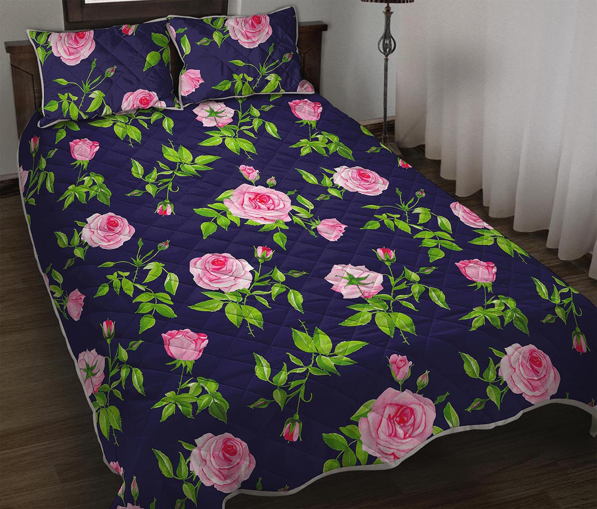 Pink Rose Floral Flower Pattern Print Quilt Bed Set