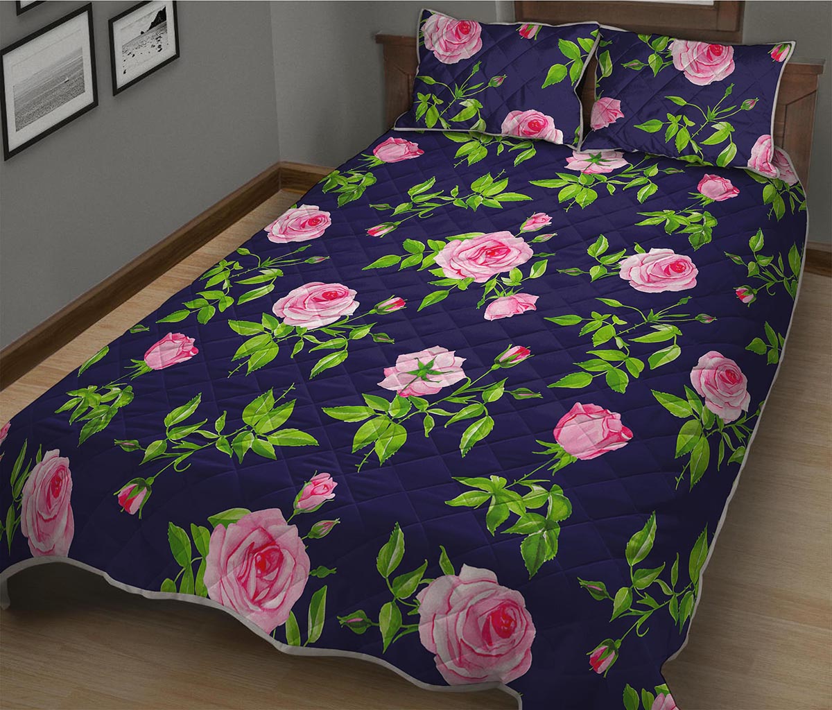 Pink Rose Floral Flower Pattern Print Quilt Bed Set
