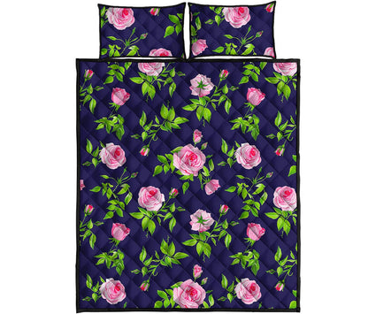 Pink Rose Floral Flower Pattern Print Quilt Bed Set