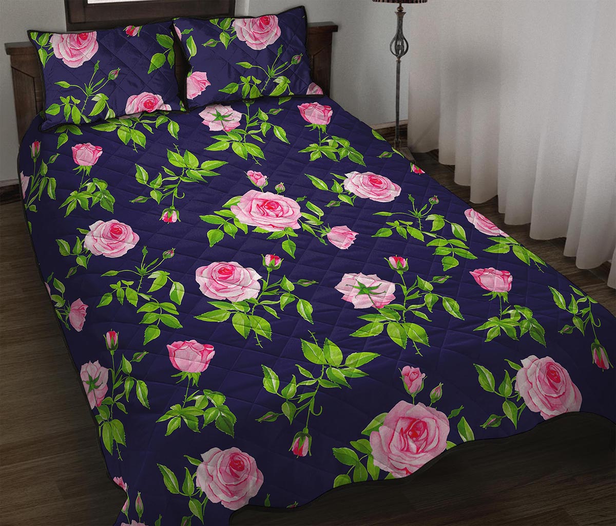Pink Rose Floral Flower Pattern Print Quilt Bed Set