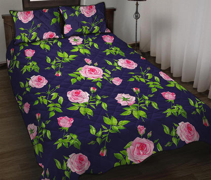 Pink Rose Floral Flower Pattern Print Quilt Bed Set