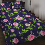 Pink Rose Floral Flower Pattern Print Quilt Bed Set