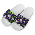 Pink Rose Floral Flower Pattern Print White Slide Sandals
