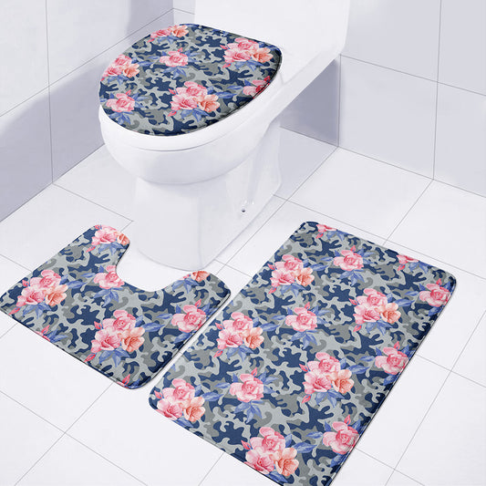 Pink Rose Flower Camouflage Print 3 Piece Bath Mat Set