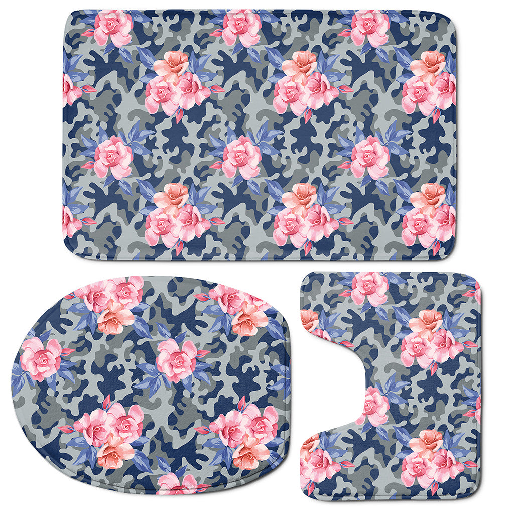 Pink Rose Flower Camouflage Print 3 Piece Bath Mat Set
