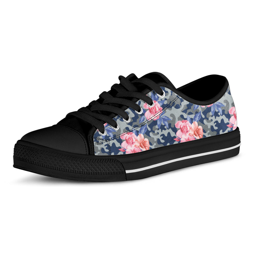 Pink Rose Flower Camouflage Print Black Low Top Shoes