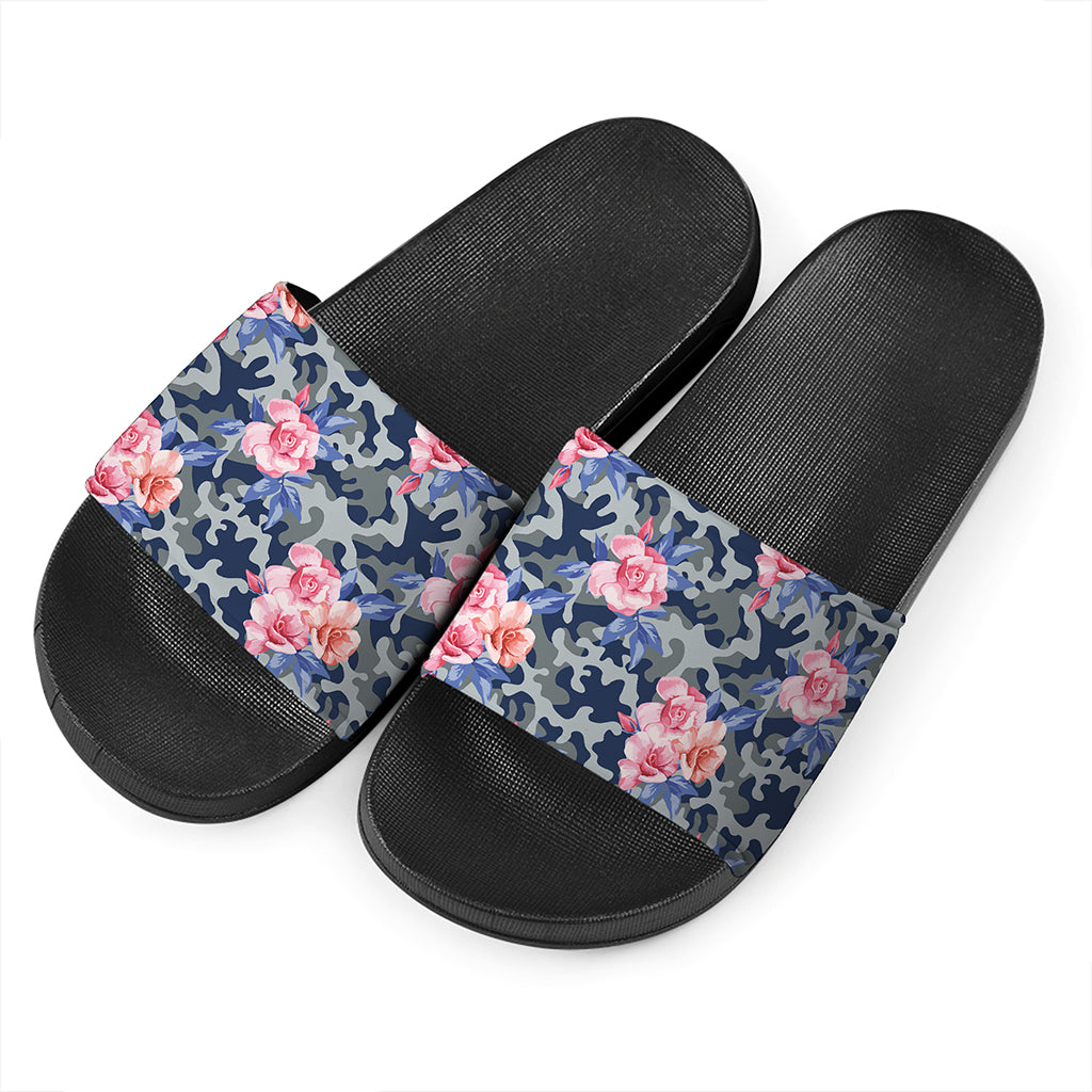 Pink Rose Flower Camouflage Print Black Slide Sandals
