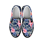 Pink Rose Flower Camouflage Print Black Slip On Shoes