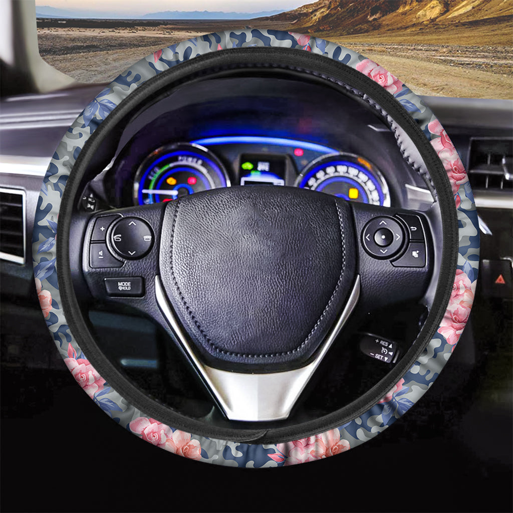 Pink Rose Flower Camouflage Print Car Steering Wheel Cover