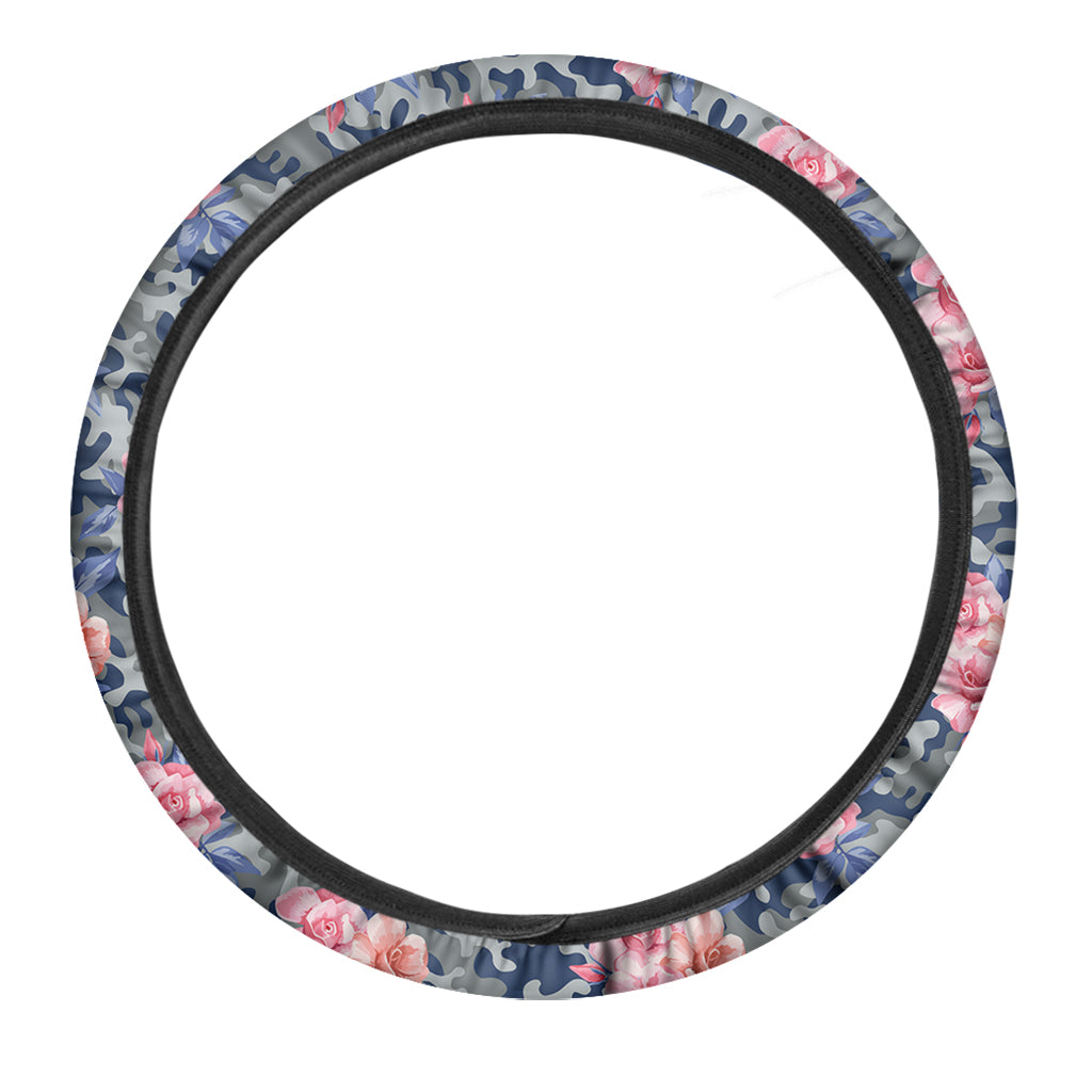 Pink Rose Flower Camouflage Print Car Steering Wheel Cover