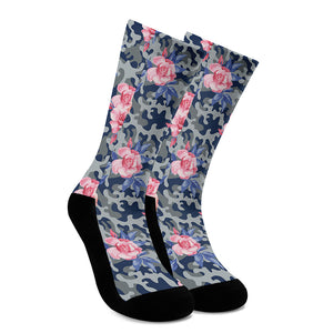 Pink Rose Flower Camouflage Print Crew Socks