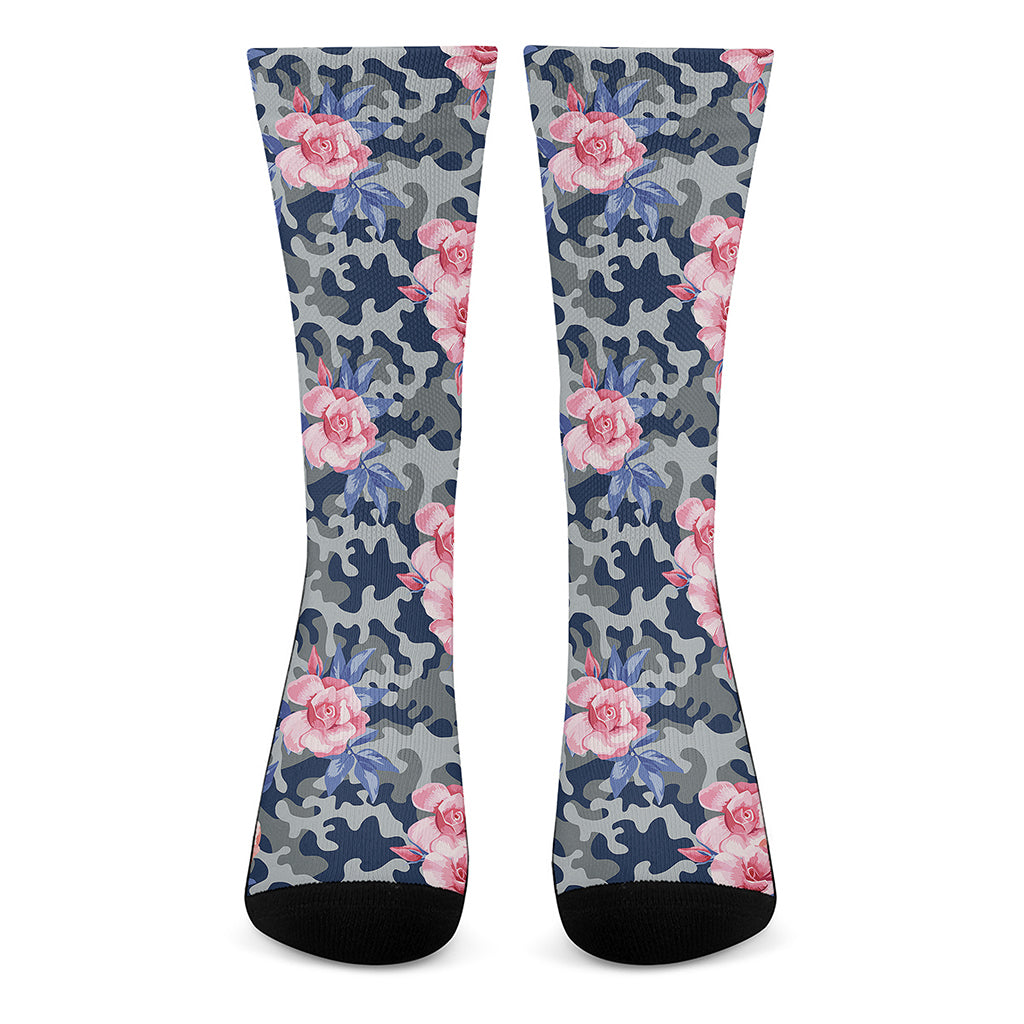 Pink Rose Flower Camouflage Print Crew Socks