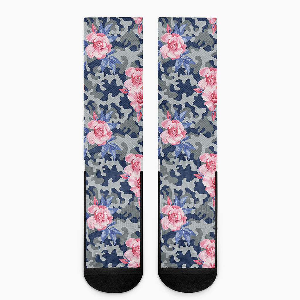 Pink Rose Flower Camouflage Print Crew Socks