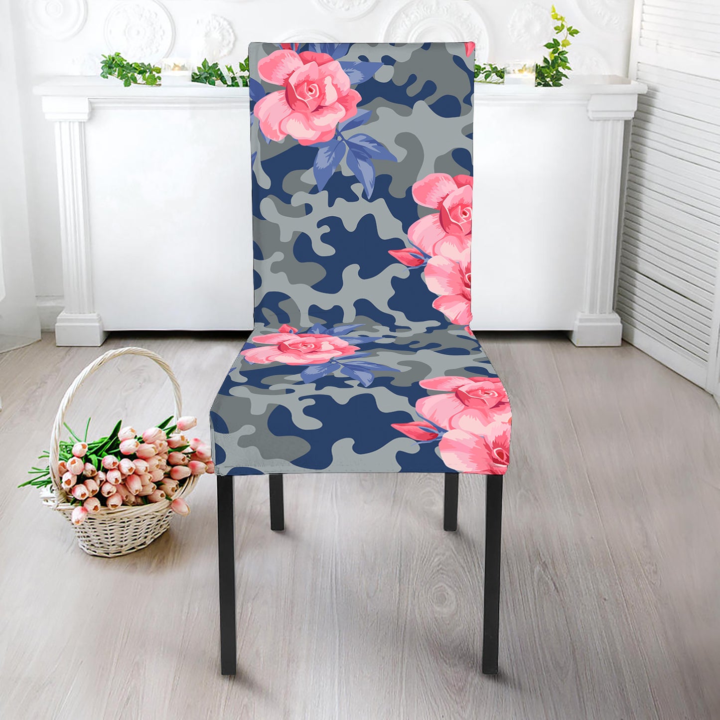 Pink Rose Flower Camouflage Print Dining Chair Slipcover
