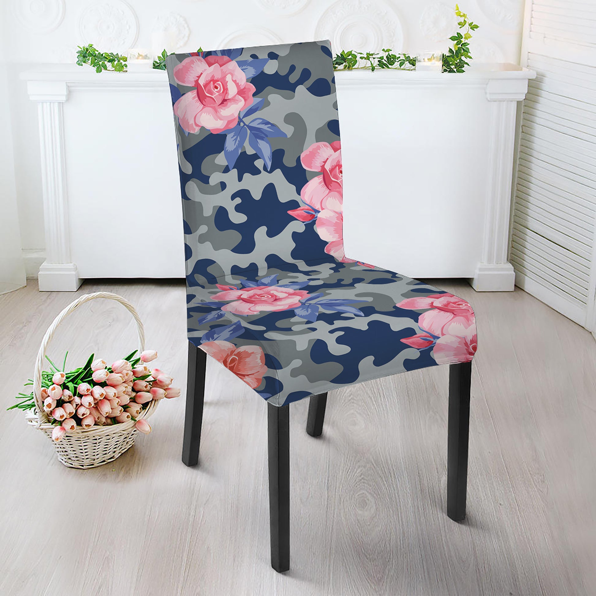 Pink Rose Flower Camouflage Print Dining Chair Slipcover