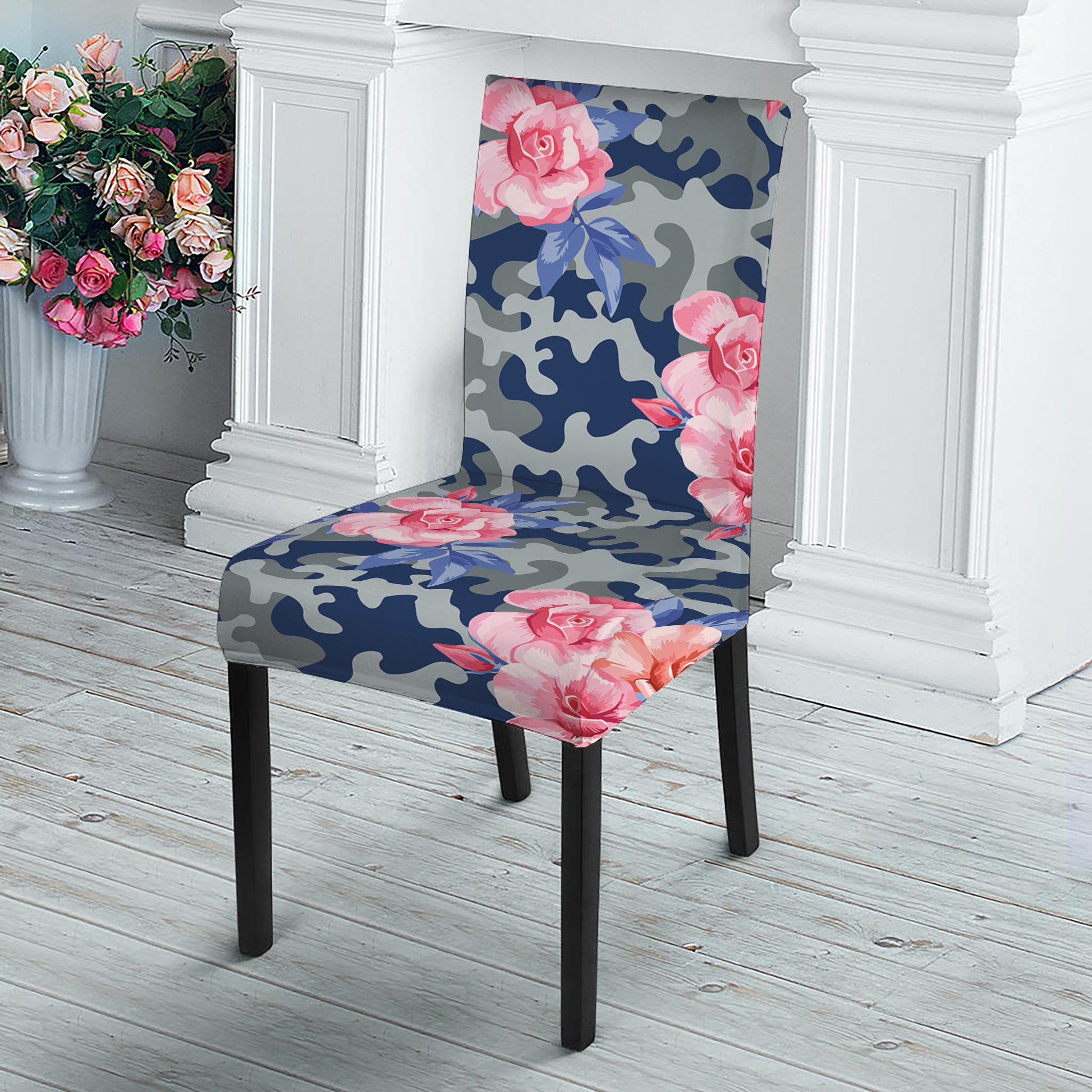 Pink Rose Flower Camouflage Print Dining Chair Slipcover