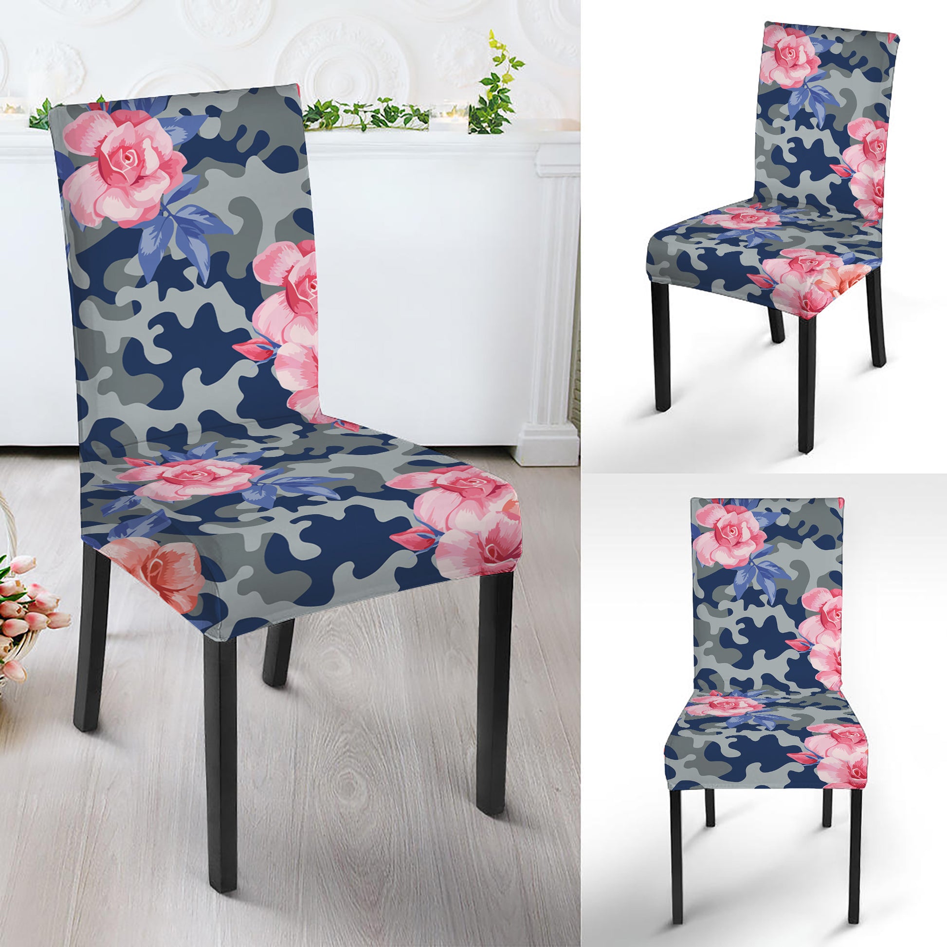 Pink Rose Flower Camouflage Print Dining Chair Slipcover