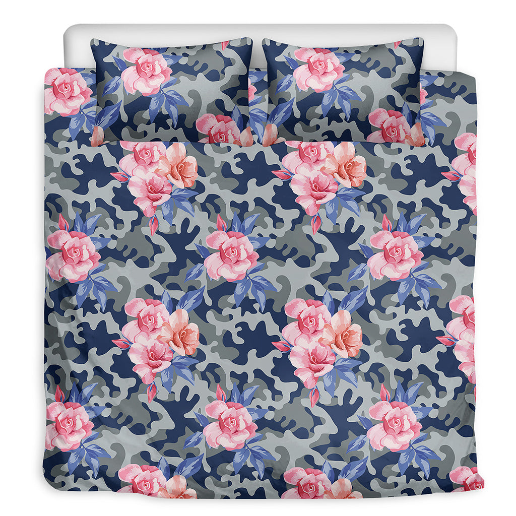 Pink Rose Flower Camouflage Print Duvet Cover Bedding Set