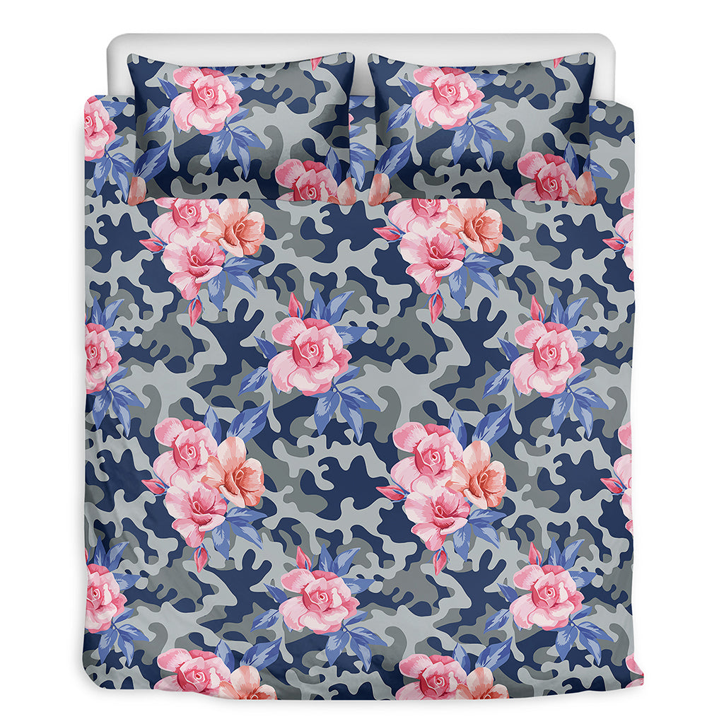 Pink Rose Flower Camouflage Print Duvet Cover Bedding Set