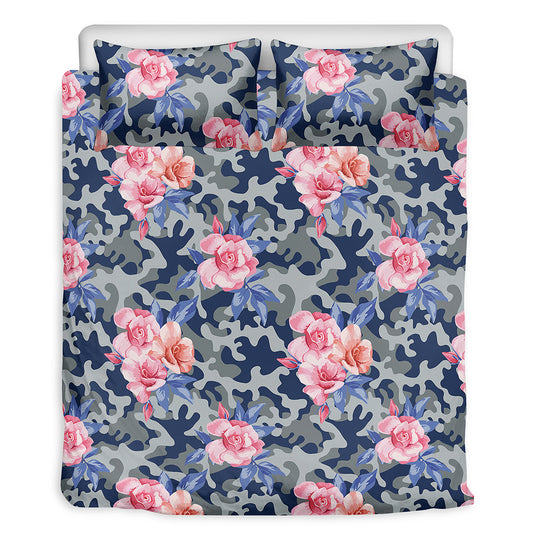 Pink Rose Flower Camouflage Print Duvet Cover Bedding Set