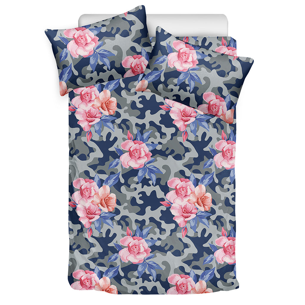 Pink Rose Flower Camouflage Print Duvet Cover Bedding Set