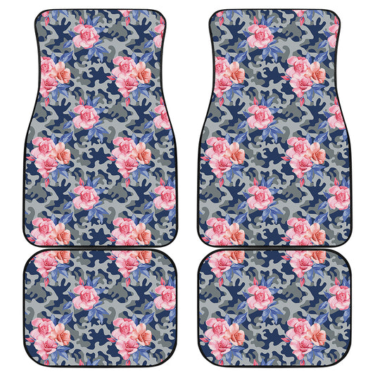Pink Rose Flower Camouflage Print Front and Back Car Floor Mats